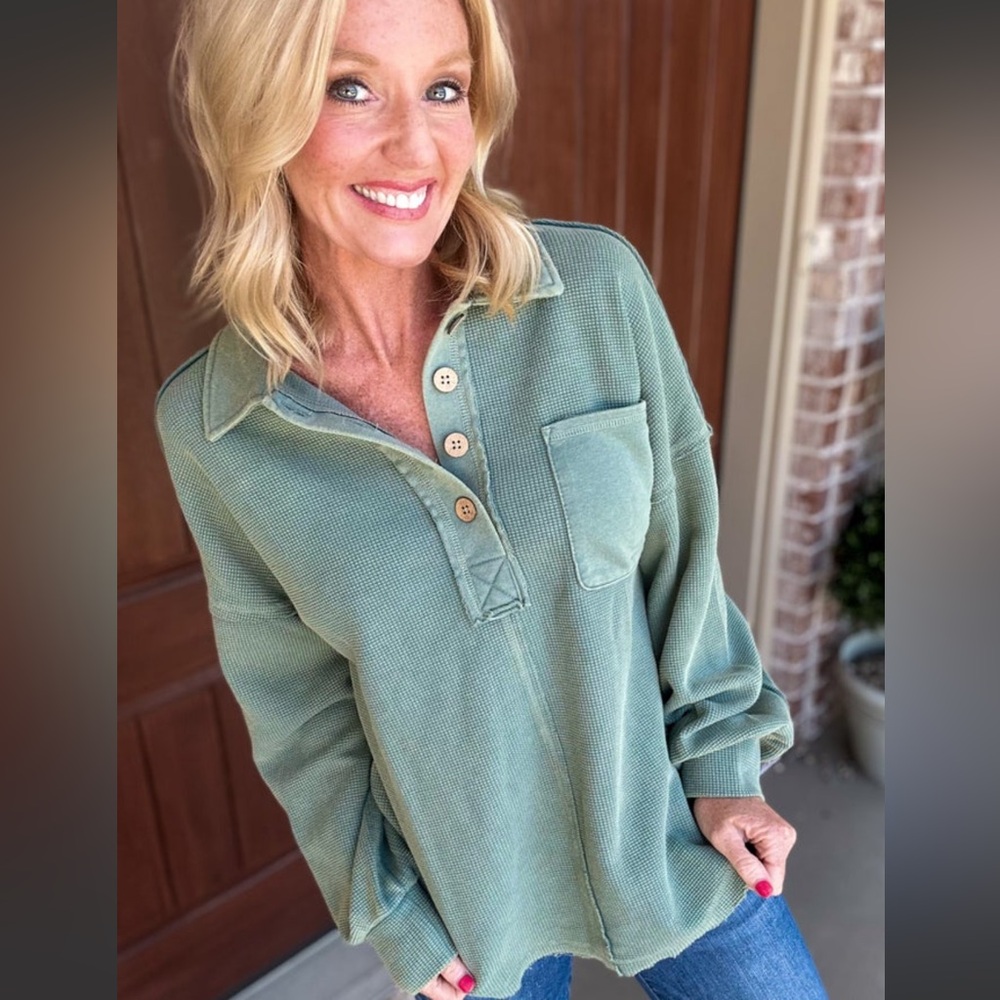 Button Down Collared Washed Henley Top - image 1